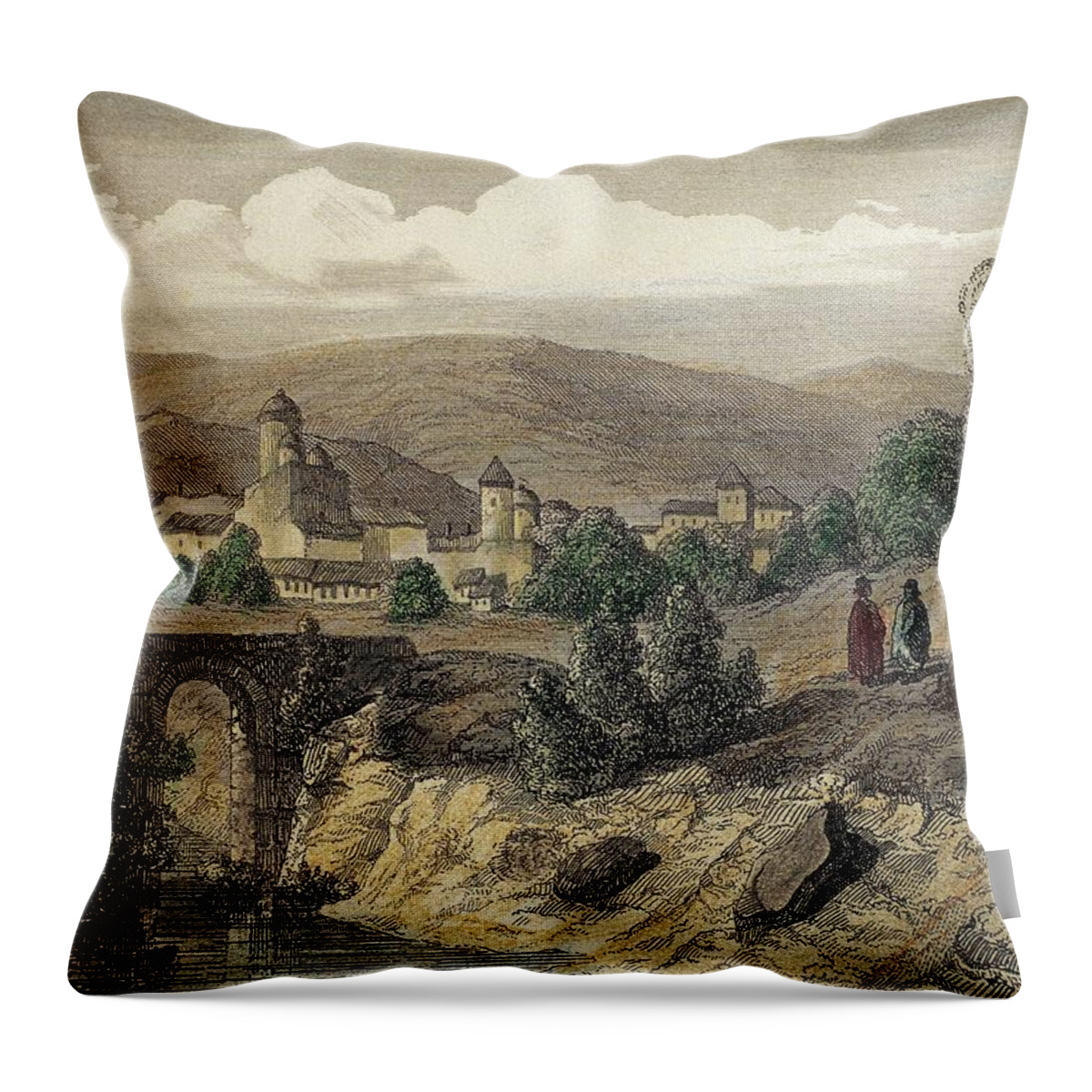 16 16th Xvi Xvith Sixteenth Century Throw Pillow featuring the drawing ECUADOR. QUITO City of San Francisco de Quito. Engraving of the year 1850. by Album