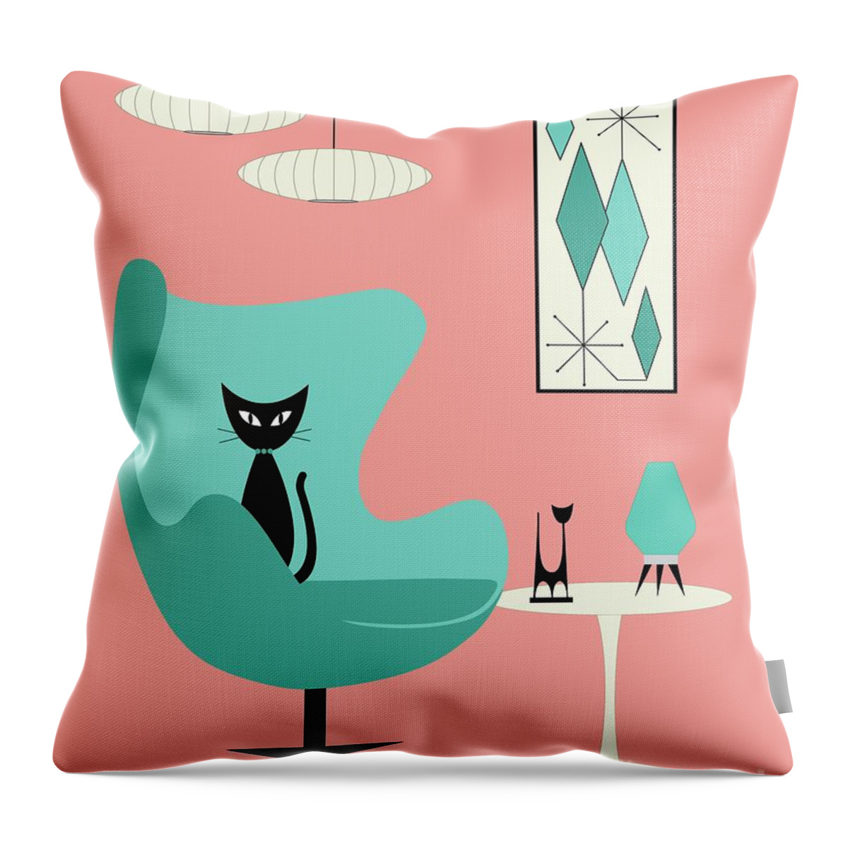 Retro Throw Pillow featuring the digital art Egg Chair in Pink Room by Donna Mibus
