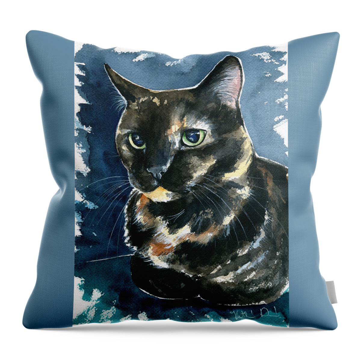 Cat Throw Pillow featuring the painting Ellie Tortoiseshell Cat Portrait by Dora Hathazi Mendes