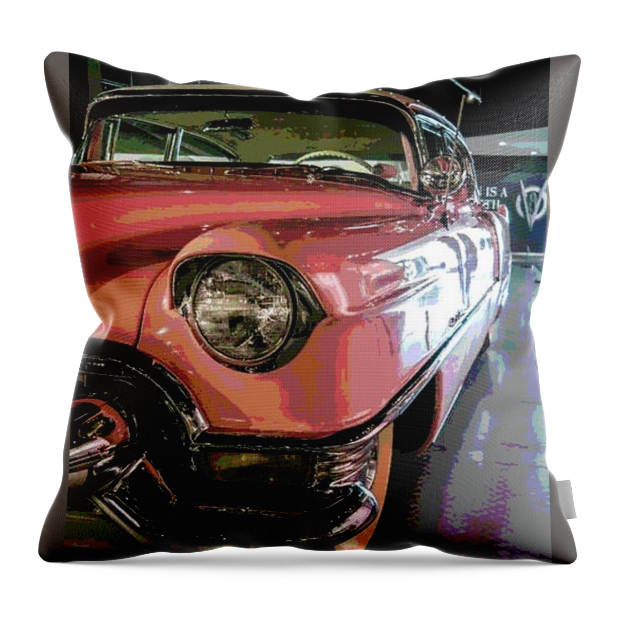 Elvis Presley Throw Pillow featuring the mixed media Elvis Presley's 1955 Pink Cadillac by Teresa Trotter