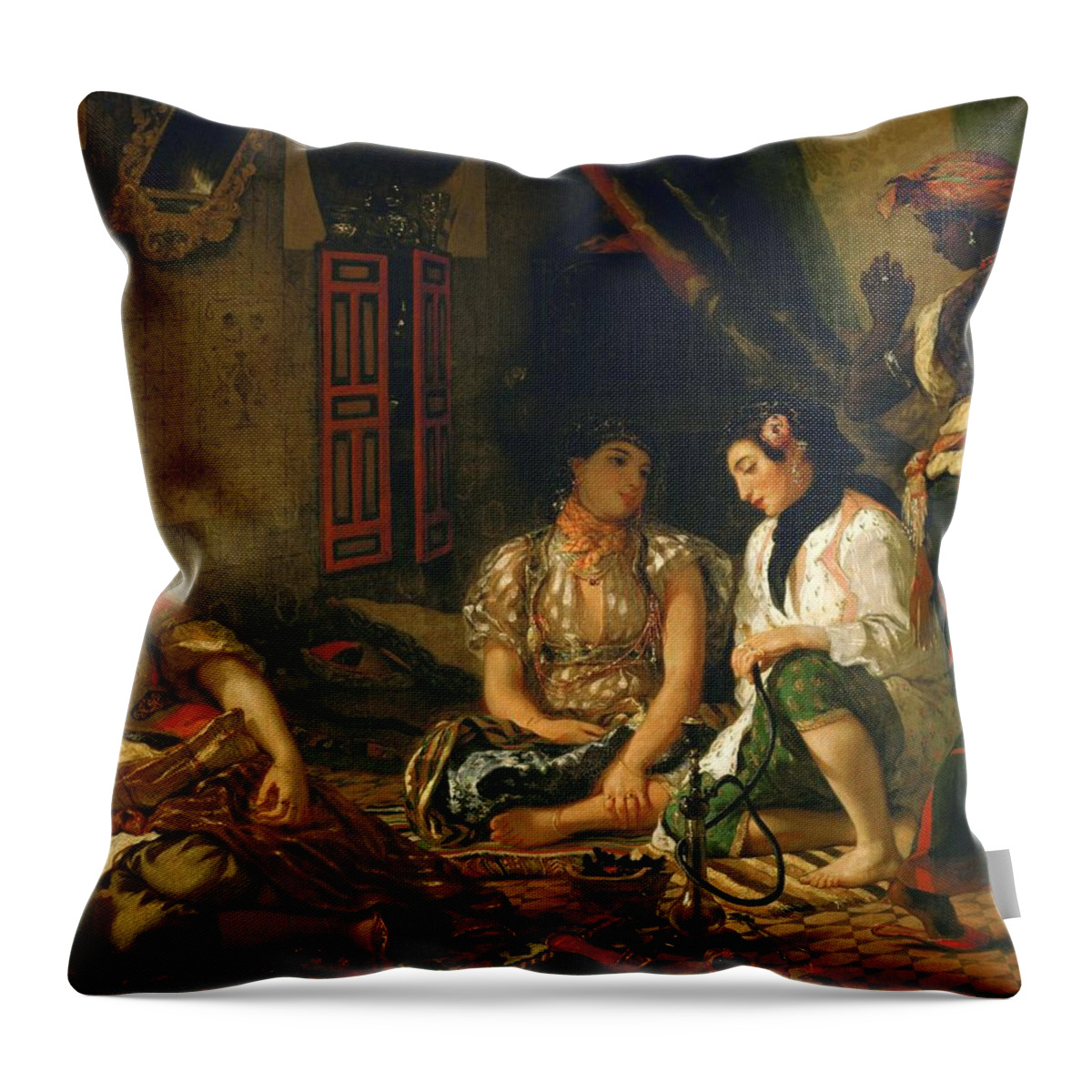 Eugene Delacroix Throw Pillow featuring the painting Eugene Delacroix / 'The Women of Algiers -In Their Apartment-', 1834, Oil on canvas, 180 x 229 cm. by Eugene Delacroix -1798-1863-