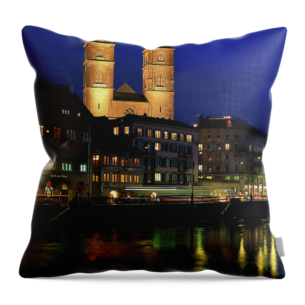 Zurich Throw Pillow featuring the photograph Evening, River Limmat, Zurich by Walter Bibikow