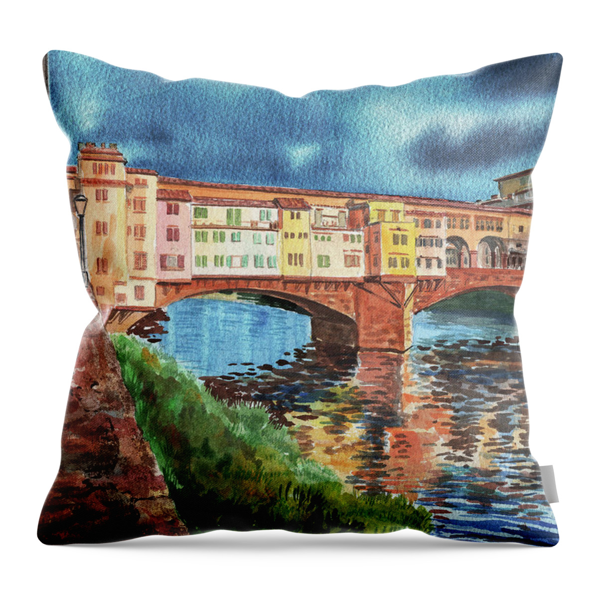 Italy Throw Pillow featuring the painting Evening Sun In Florence Ponte Vecchio by Irina Sztukowski