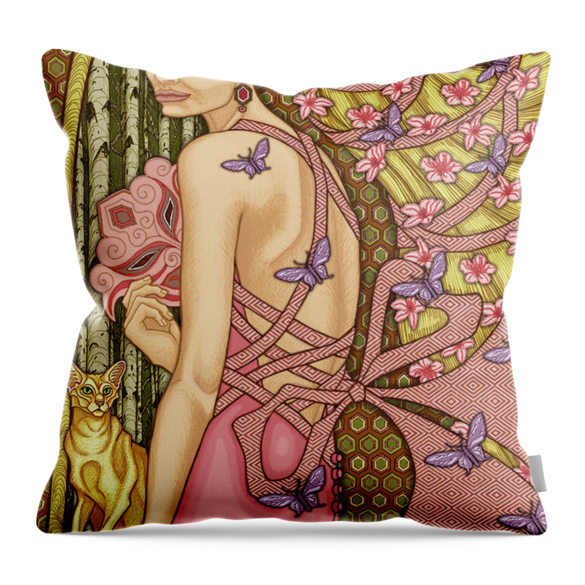 Cat Lady Throw Pillow featuring the mixed media Exalted Beauty Catalina 2019 by Amy E Fraser