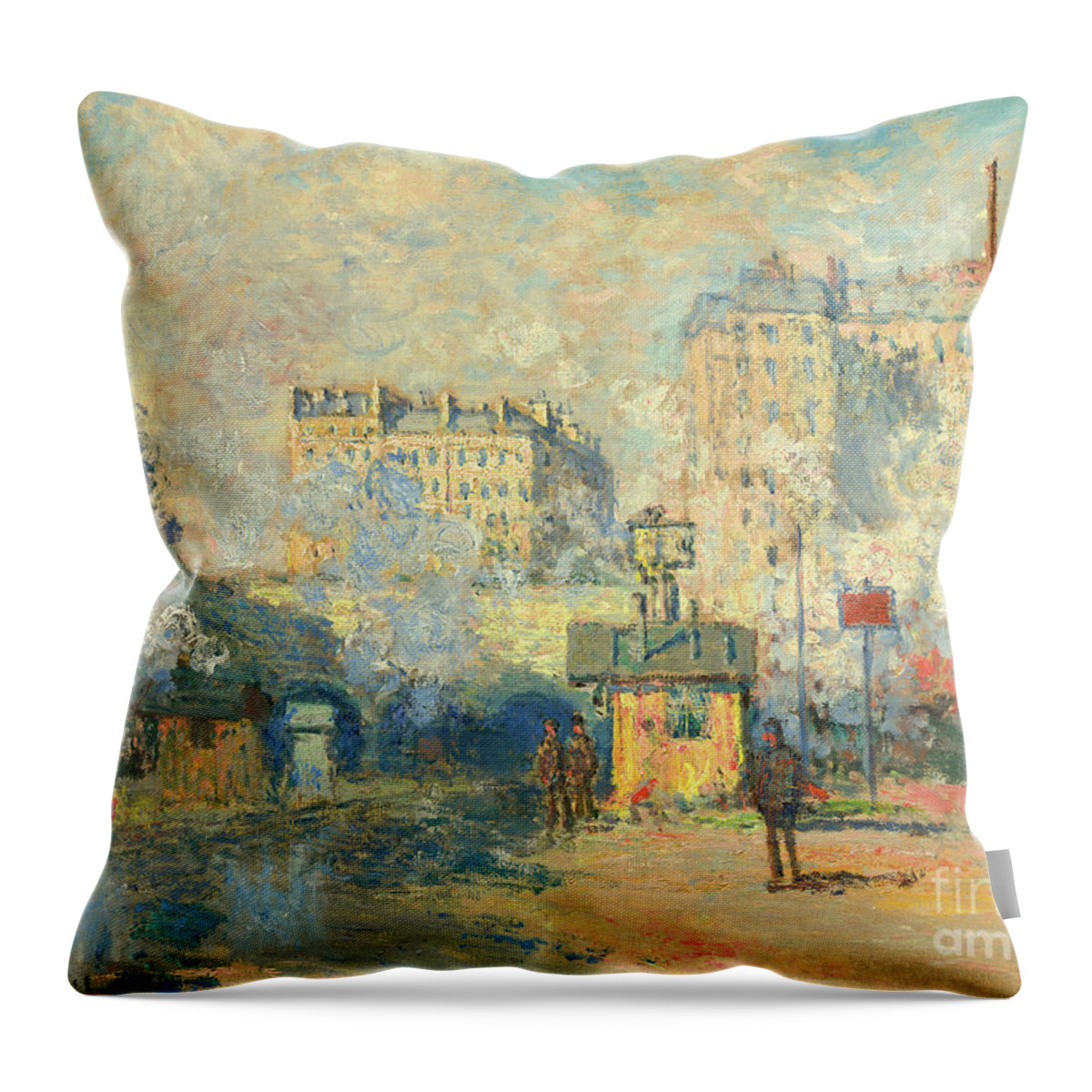 Monet Throw Pillow featuring the painting Exterior of Saint Lazare station, sunlight effect, 1877 by Claude Monet