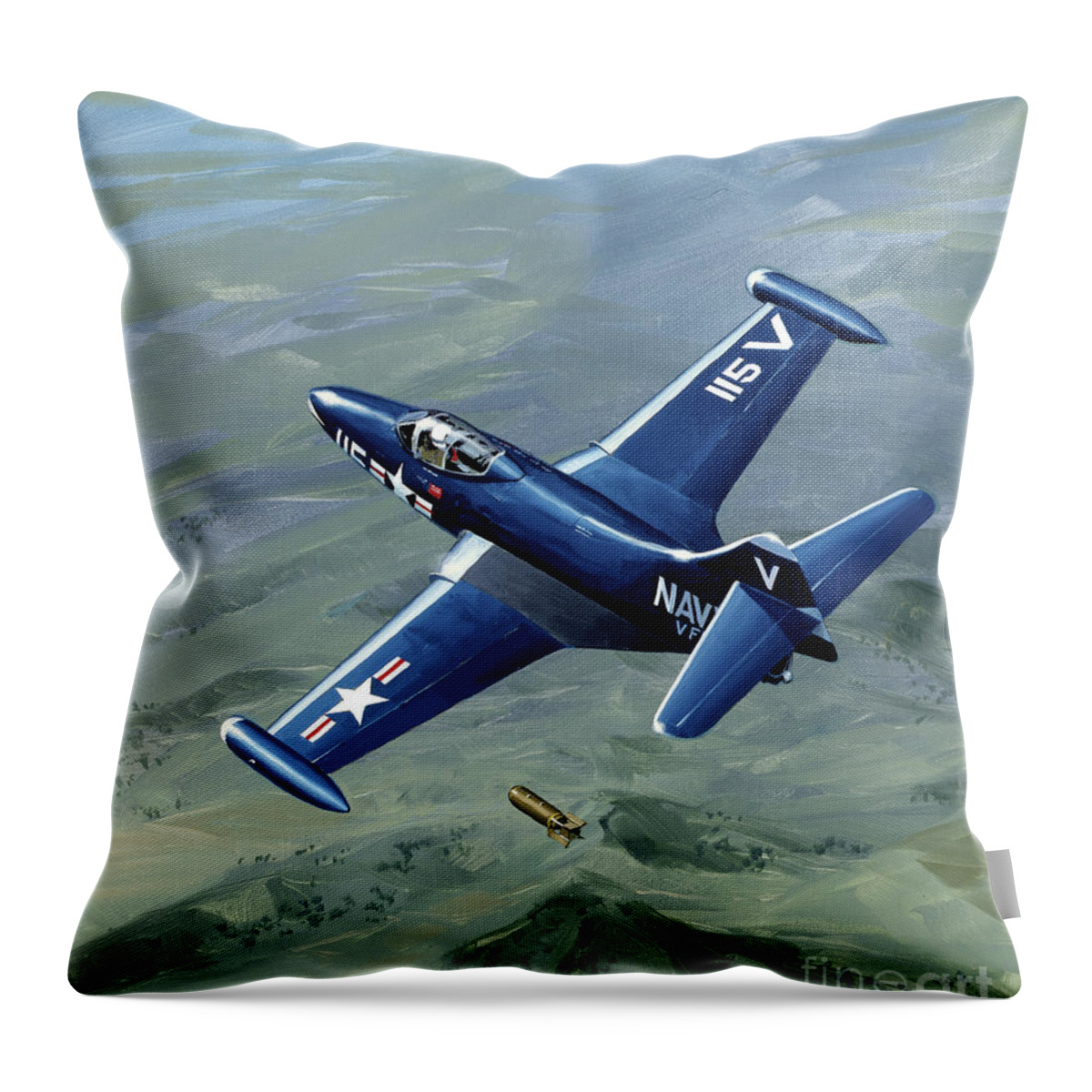 Military Aircraft Throw Pillow featuring the painting Grumman F9F-2B Panther by Jack Fellows