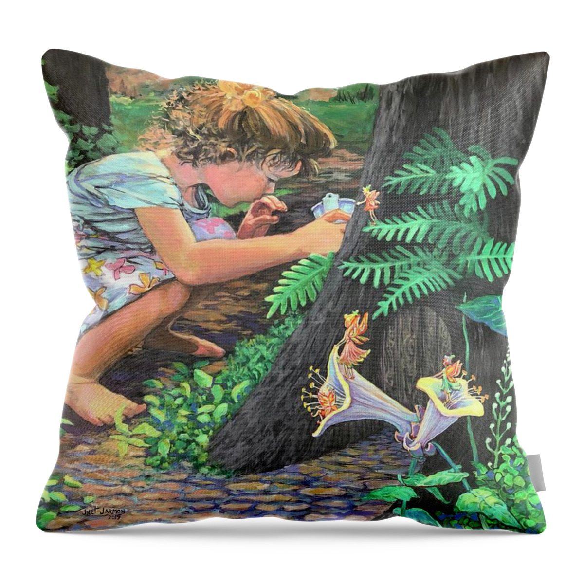 Child Throw Pillow featuring the painting Fairy World by Jeanette Jarmon