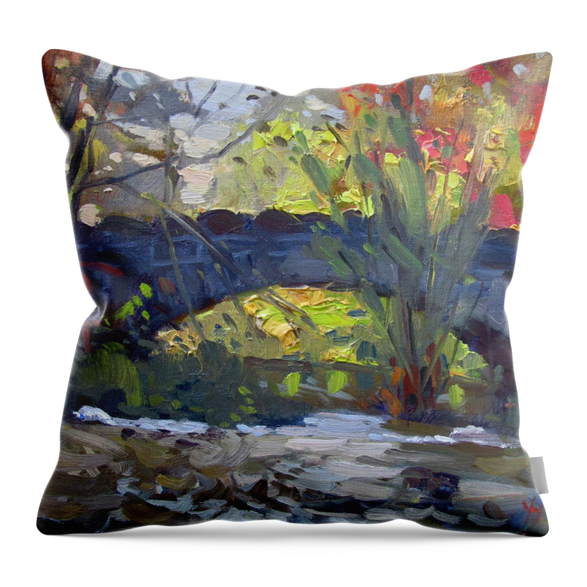 Fall Throw Pillow featuring the painting Fall at Stone Bridge in Goat Island by Ylli Haruni