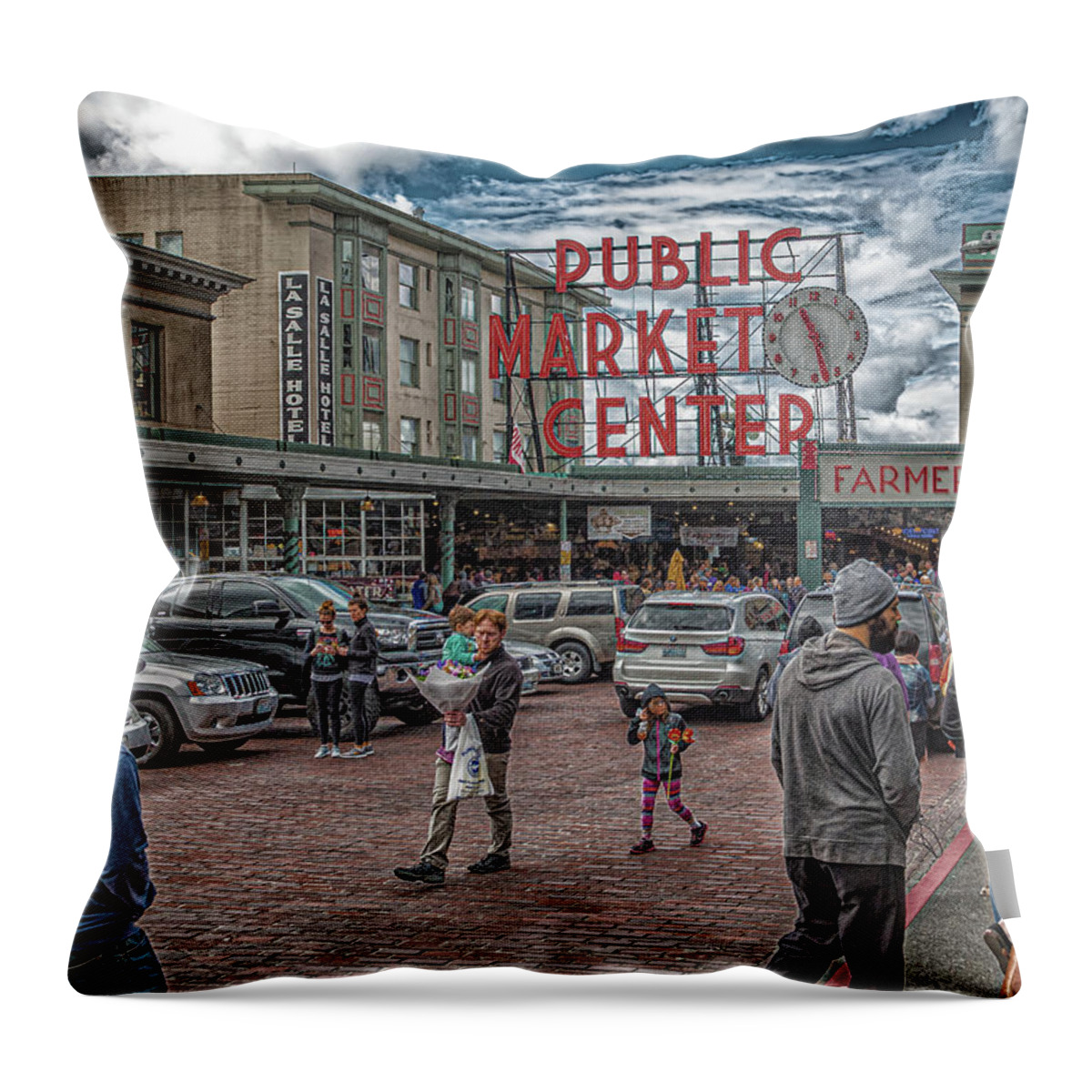 Pike Throw Pillow featuring the photograph Families at Pike Place Market by Darryl Brooks