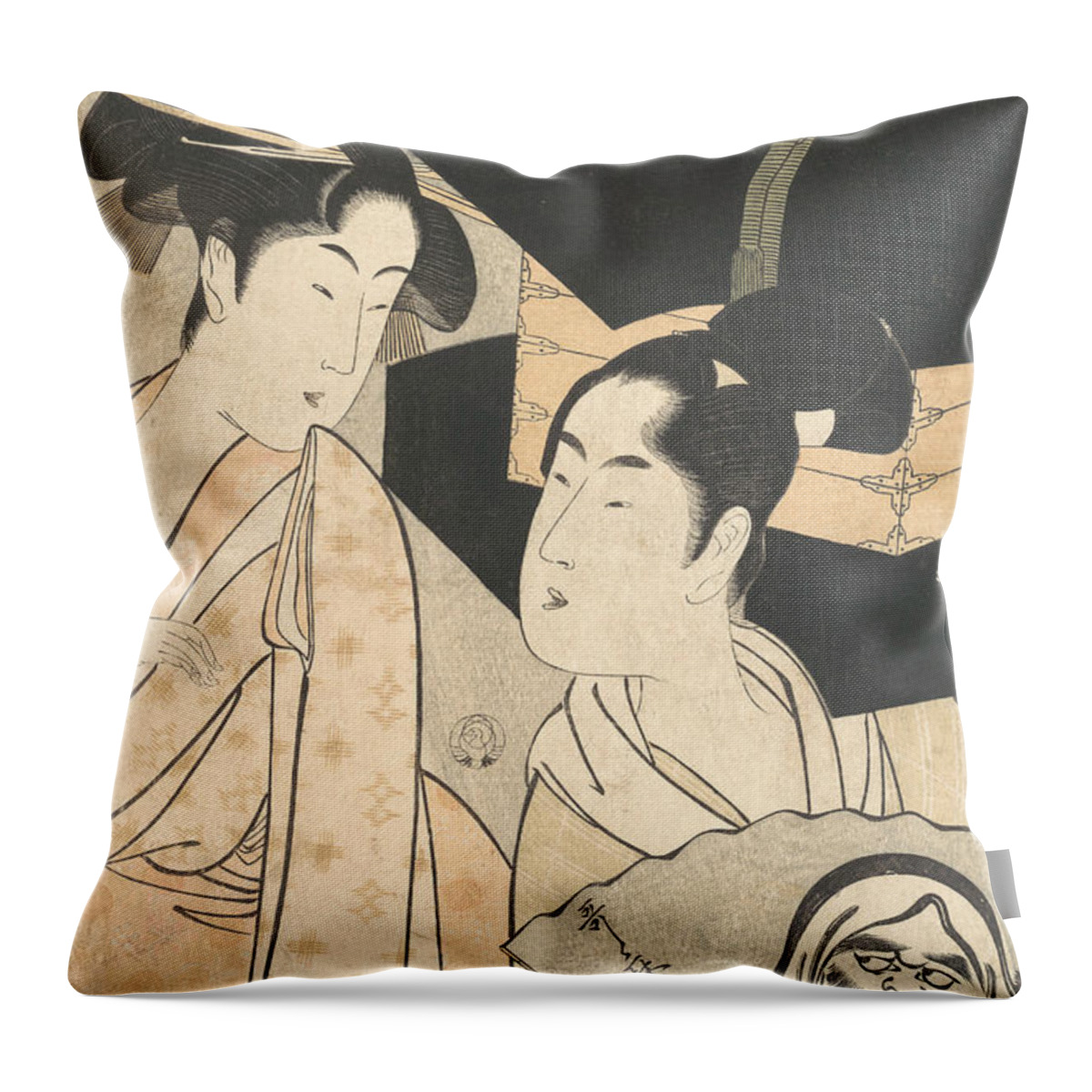 19th Century Art Throw Pillow featuring the relief Fan Vendor by Kitagawa Utamaro