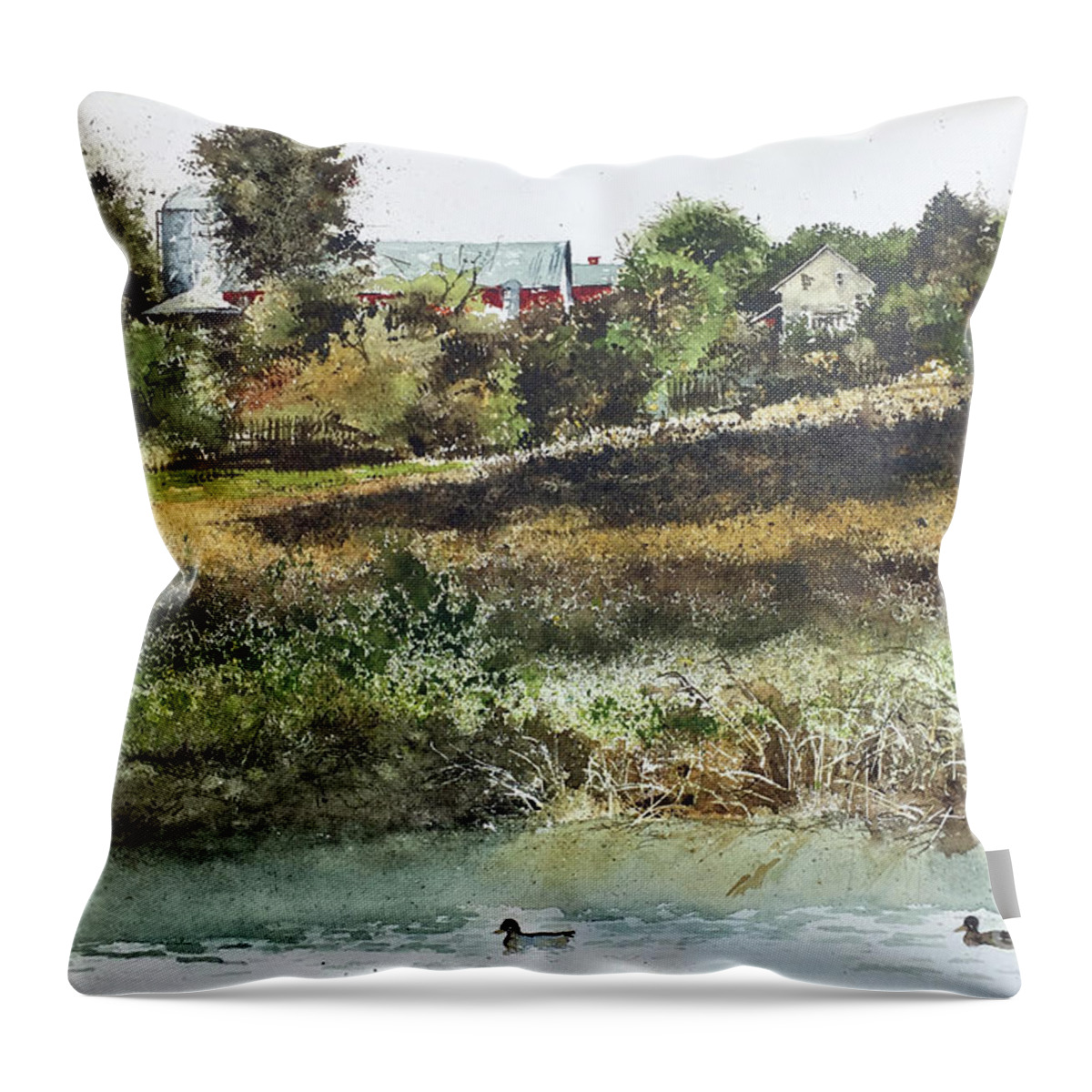 Two Ducks Swim In A Farm Pond Near Lancaster Throw Pillow featuring the painting Farm Pond by Monte Toon