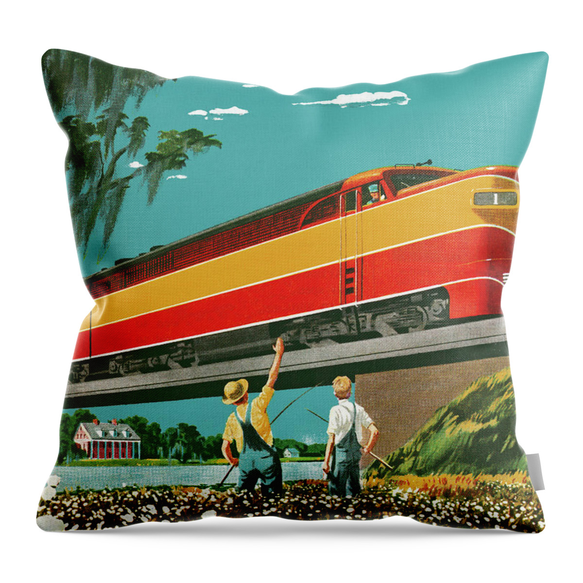 Across Throw Pillow featuring the drawing Farmer Waving to a Passing Train by CSA Images