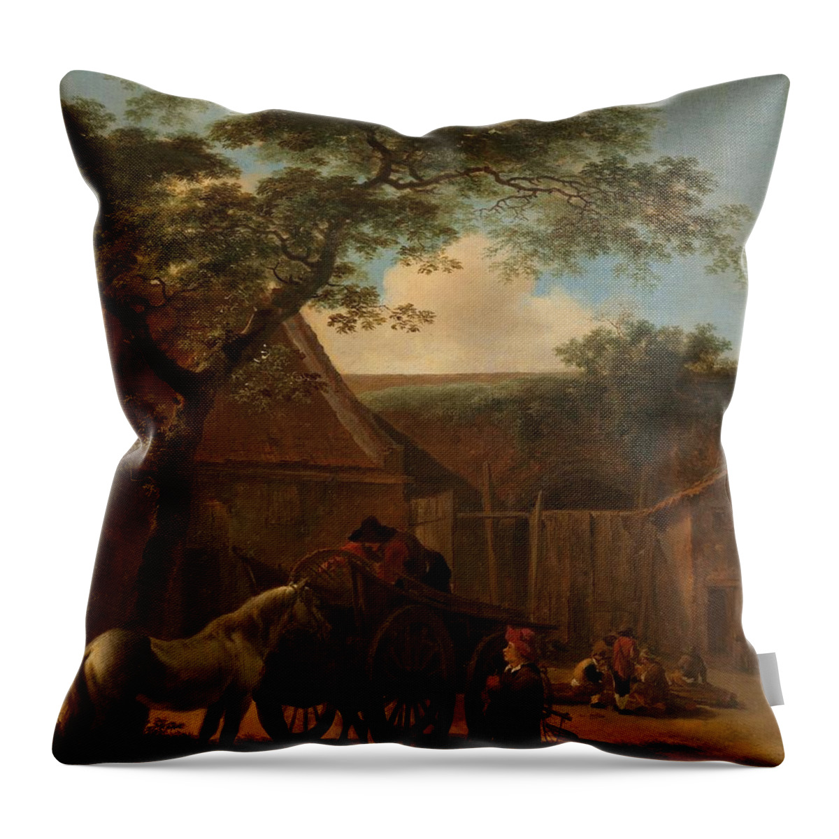 Jan Both (circle Of) Throw Pillow featuring the painting Farmyard. by Jan Both -circle of-