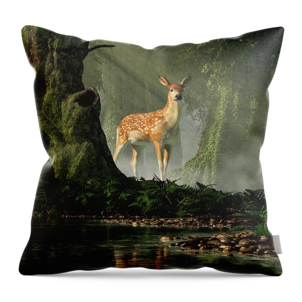 Fawn Throw Pillow featuring the digital art Fawn in the Forest by Daniel Eskridge