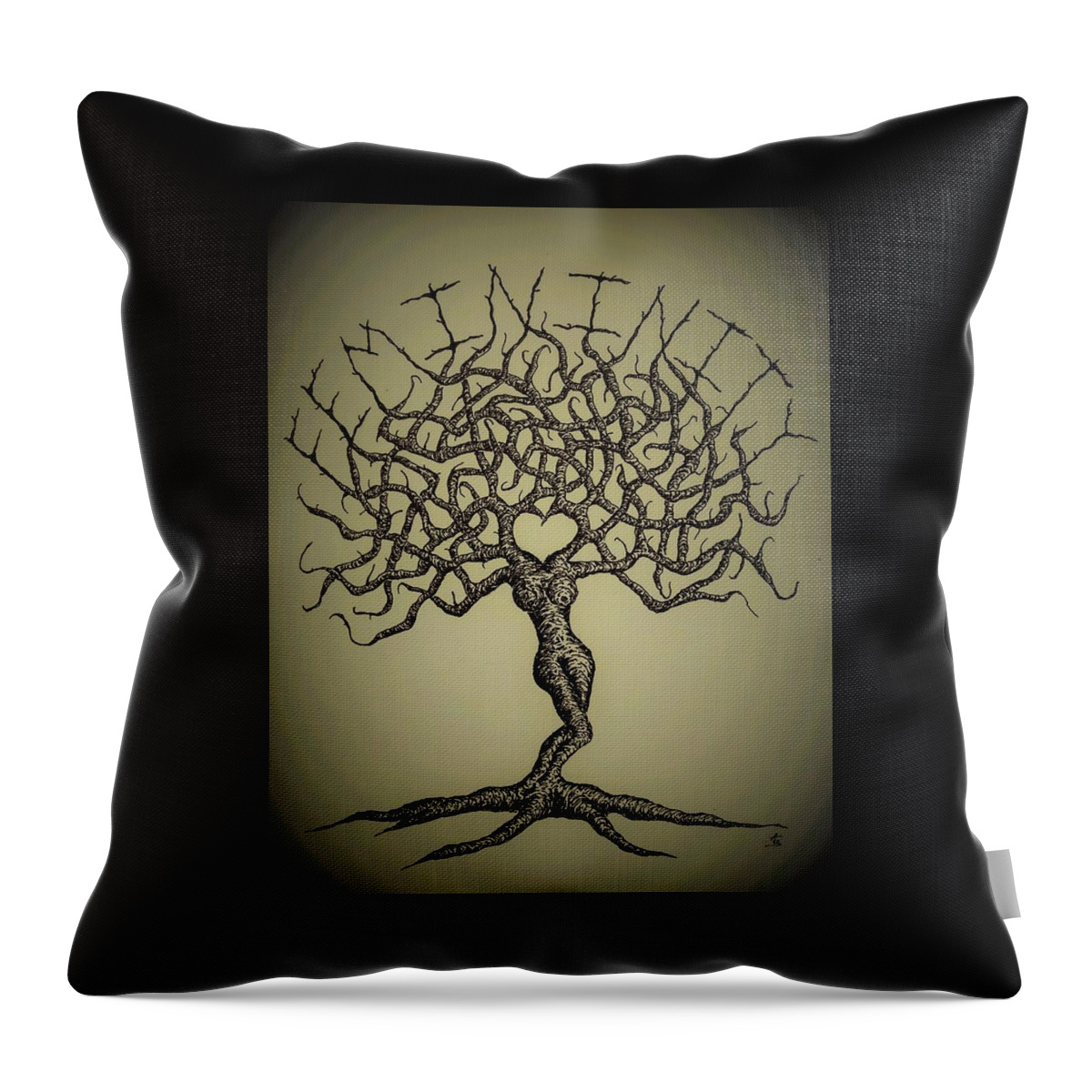 Women Throw Pillow featuring the drawing Femininity Love Tree b/w by Aaron Bombalicki