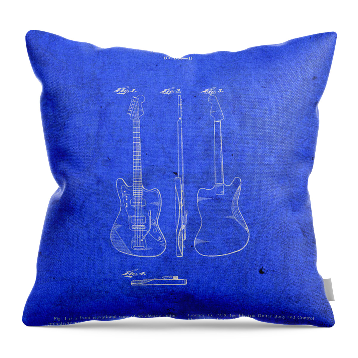 Fender Throw Pillow featuring the mixed media Fender Electric Guitar Patent Blueprint by Design Turnpike