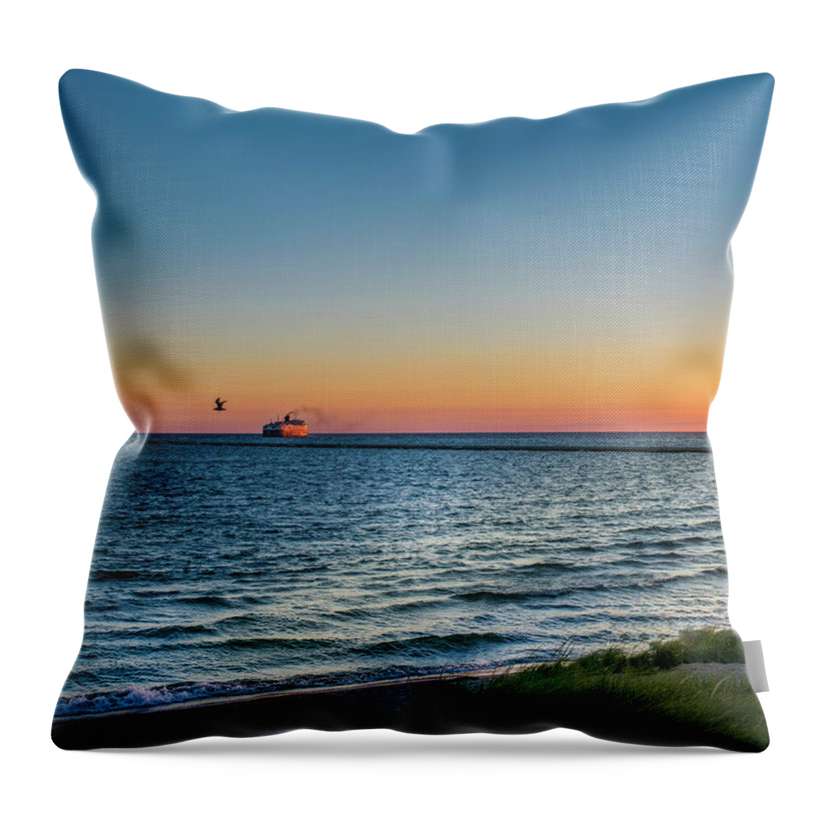 Badger Car Ferry Throw Pillow featuring the photograph Ferry Going Into Sunset by Lester Plank