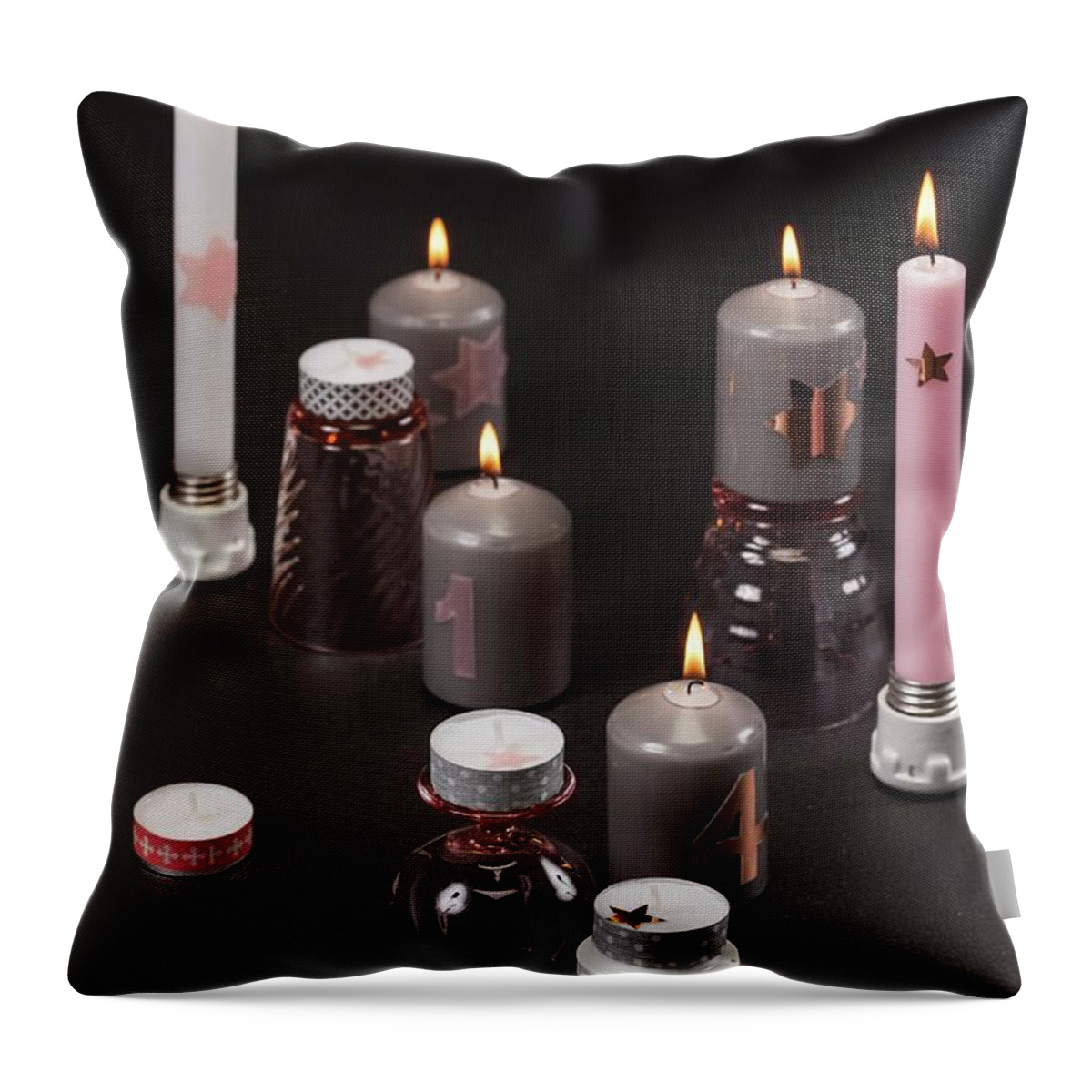 Ip_11393940 Throw Pillow featuring the photograph Festive Candlesticks Made From Upturned Drinking Glasses And Light Bulb Sockets by Studio27neun
