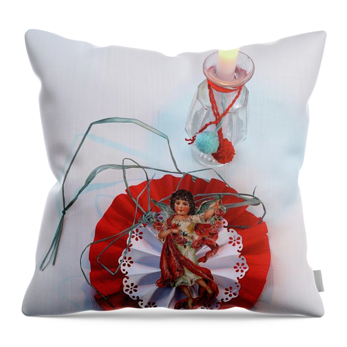 Ip_11293547 Throw Pillow featuring the photograph Festively Decorated Glass Vase Used As Candlestick And Paper Decoration With Angel by Regina Hippel
