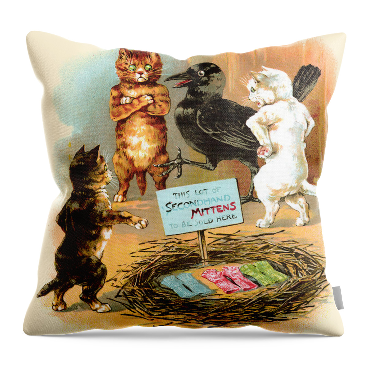 Crow Throw Pillow featuring the painting Finding their Mittens by Louis Wain