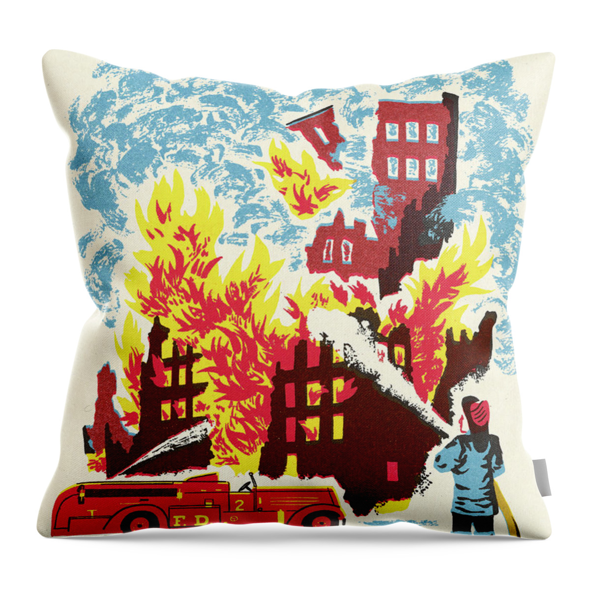 Accident Throw Pillow featuring the drawing Firefighter Spraying Water on a Burning Building by CSA Images