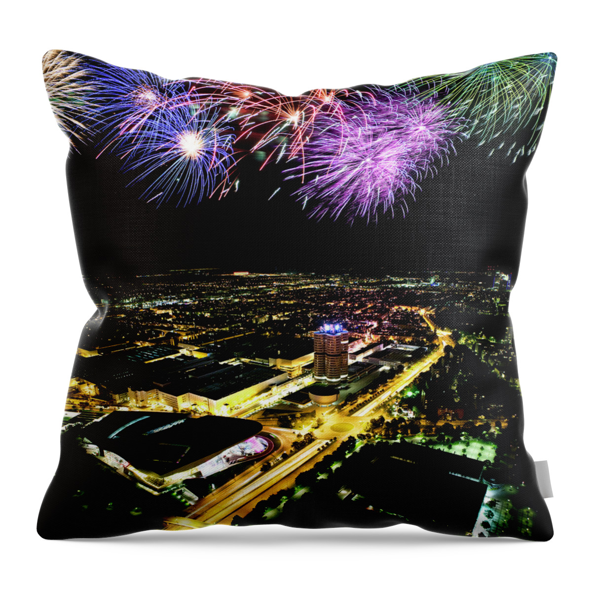 Firework Display Throw Pillow featuring the photograph Fireworks Above Cityscape by Philartphace