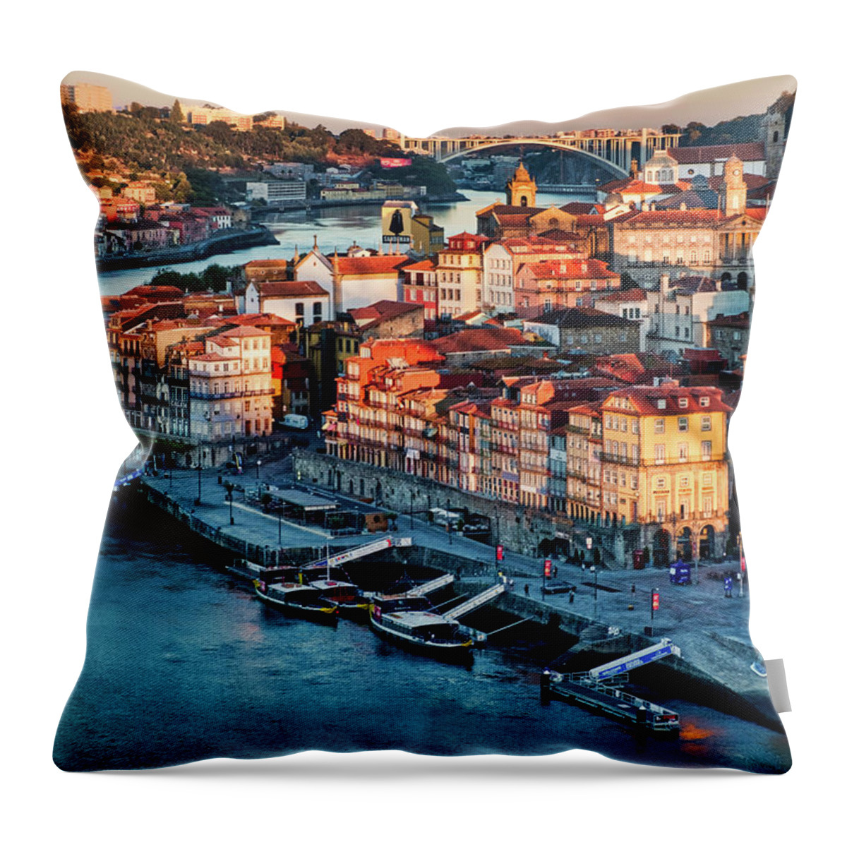 Porto Throw Pillow featuring the photograph First Light on Porto - Portugal by Stuart Litoff