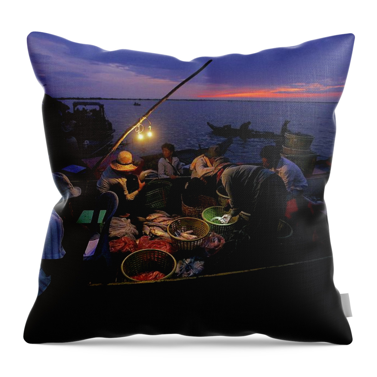 Dawn Throw Pillow featuring the photograph Fish Market At Night On Tonle Sap Lake by Timothy Allen