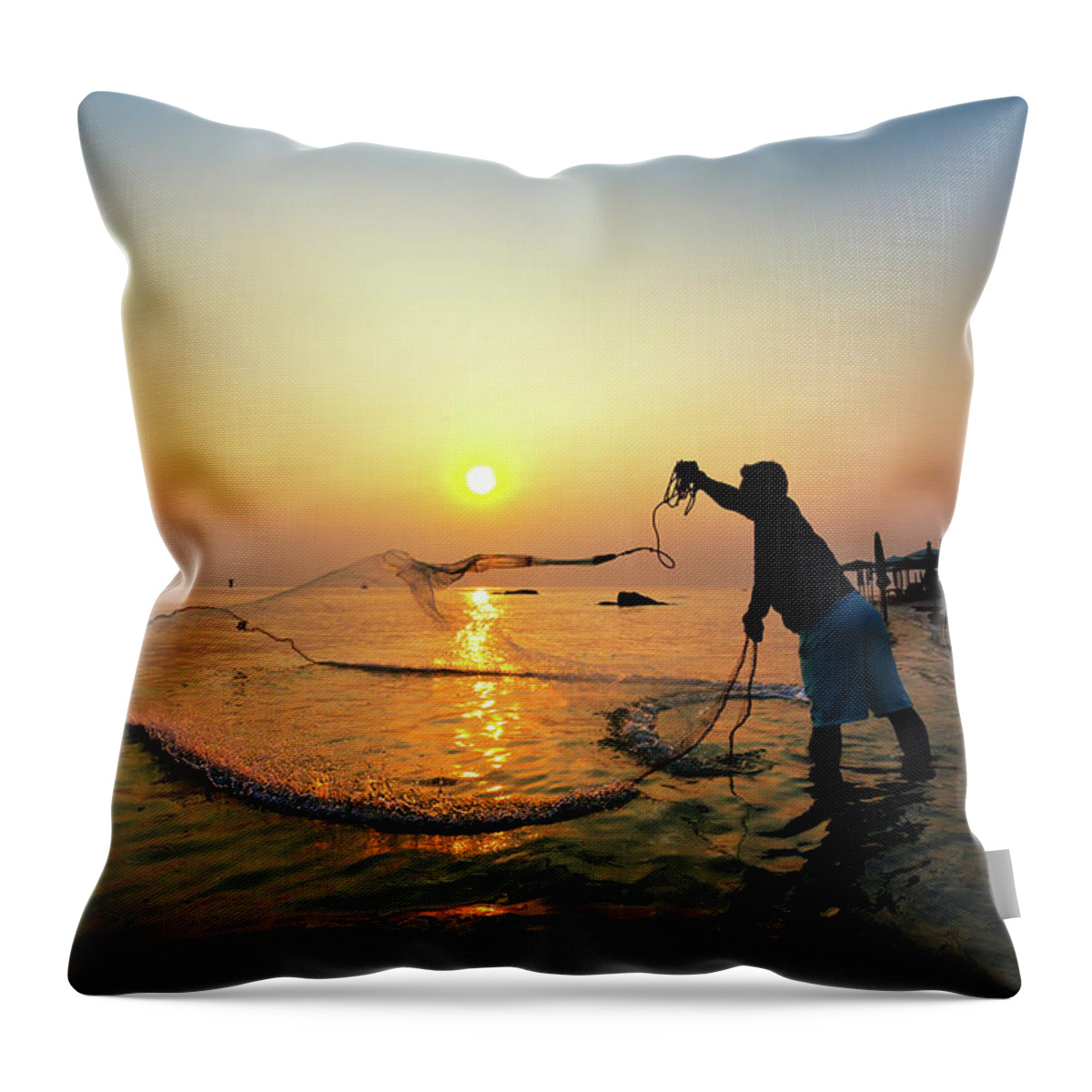 People Throw Pillow featuring the photograph Fisherman Catching A Fish by Monthon Wa