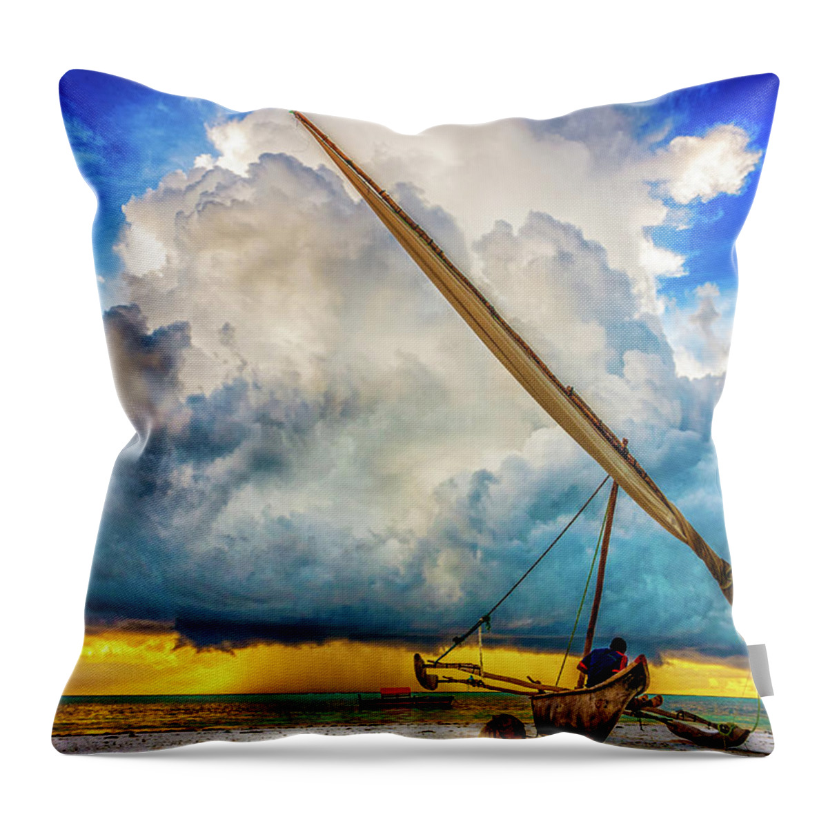 Scenics Throw Pillow featuring the photograph Fisherman Watching Storm Cloud, Zanzibar by Adamjasonmoore.com