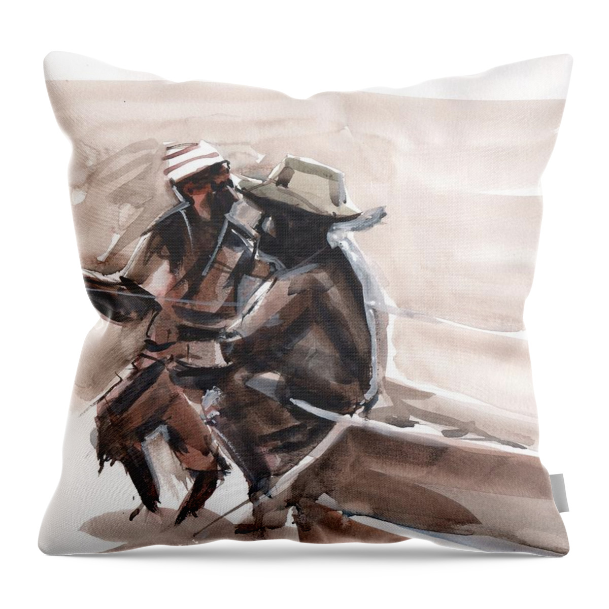  Throw Pillow featuring the painting Fishermen Prelim Sepia Sketch by Gaston McKenzie