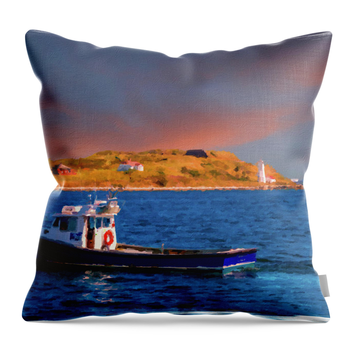 Cruise Ship Terminal Throw Pillow featuring the photograph Fishing Boat Past Small Lighthouse by Darryl Brooks