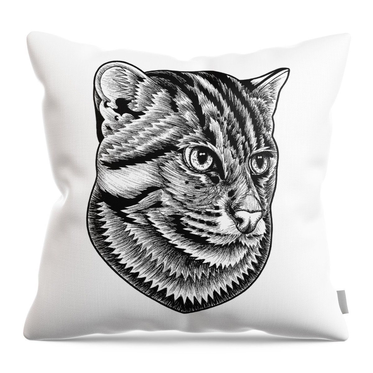 Fishing Cat Throw Pillow featuring the drawing Fishing cat ink illustration by Loren Dowding