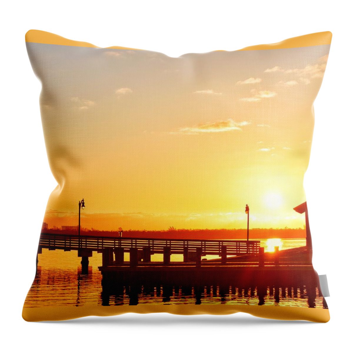 Landscape Throw Pillow featuring the photograph Fishing Pier at Sunrise by Vicki Lewis