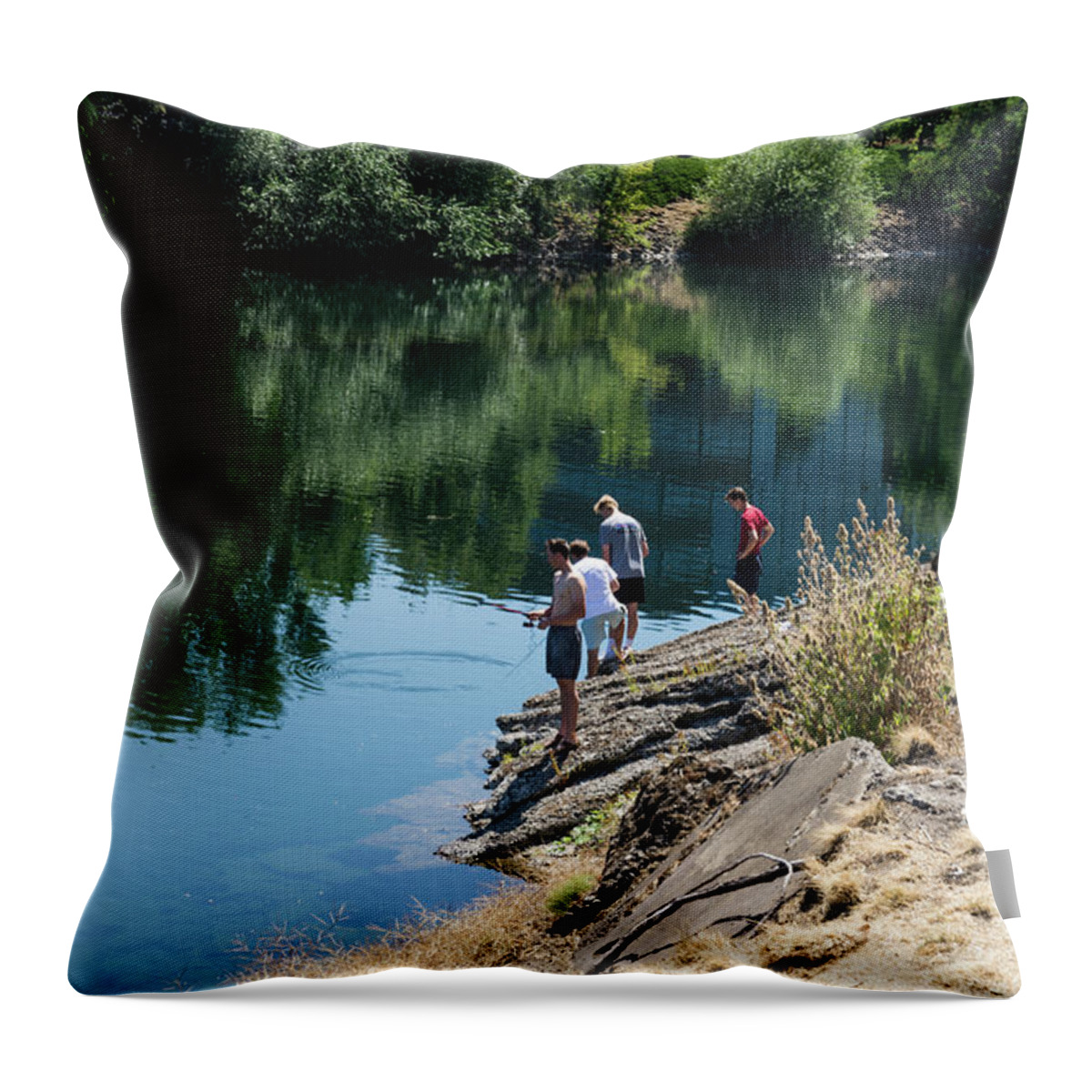 Fishing The Spokane River Throw Pillow featuring the photograph Fishing the Spokane River by Tom Cochran