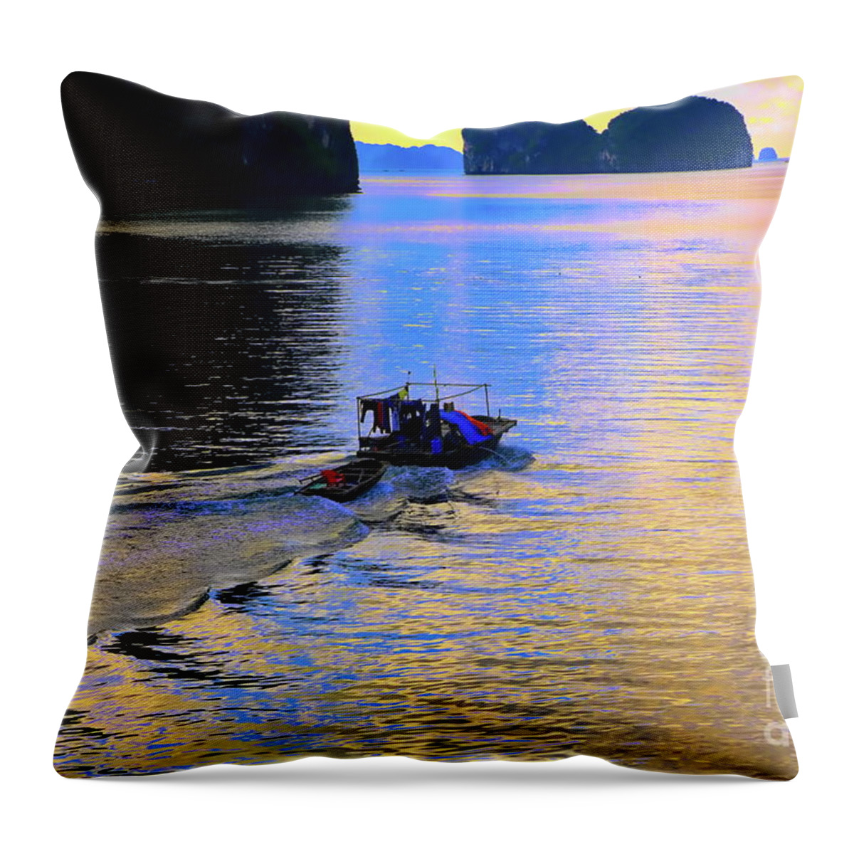 Vietnam Throw Pillow featuring the digital art Fishing Vessel Voyage Ha Long Bay by Chuck Kuhn