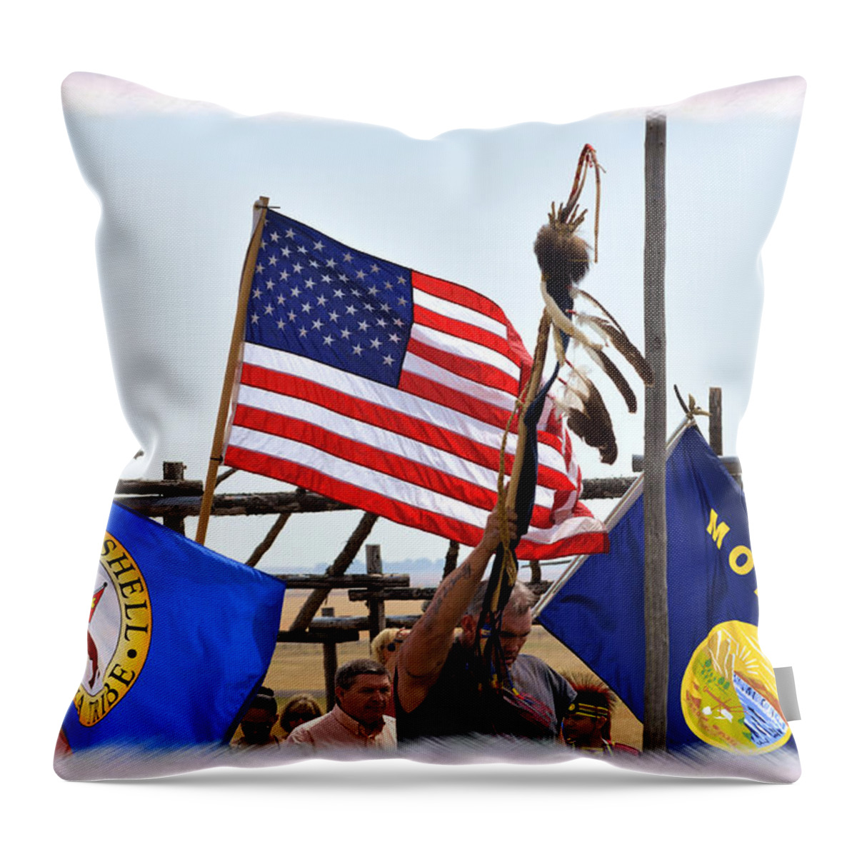 United States Flag Throw Pillow featuring the mixed media Flags at a Powow Grand Entry by Kae Cheatham
