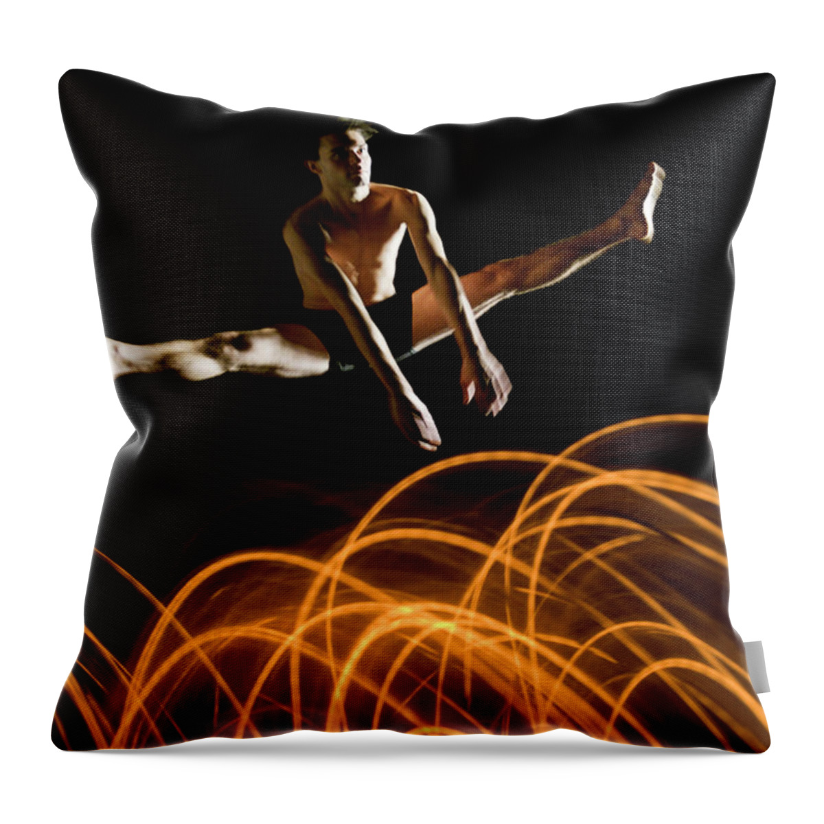 Ballet Dancer Throw Pillow featuring the photograph Flexible Dancer Jumps Over Abstract by John Rensten