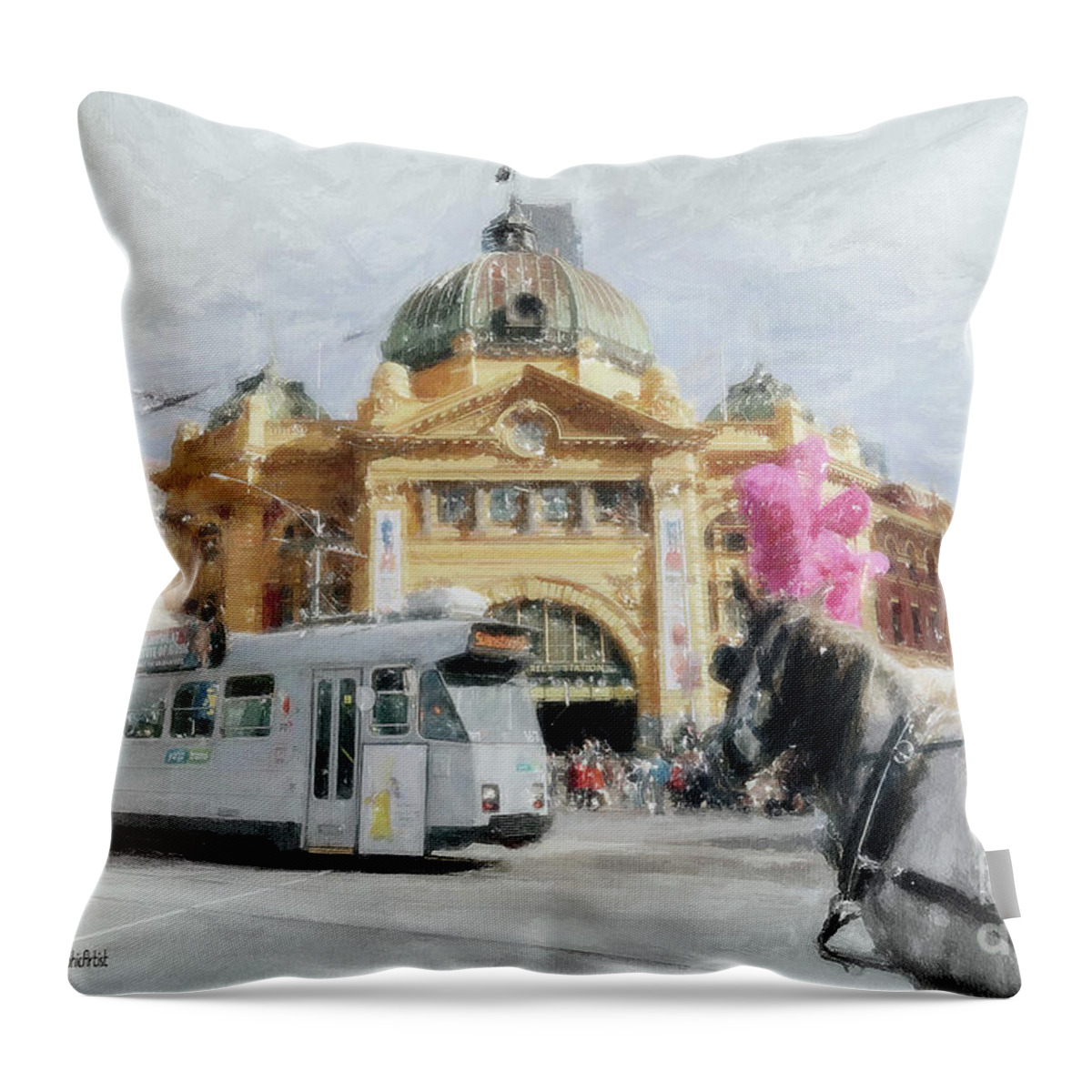 Flinders Street Throw Pillow featuring the painting Flinders Street Station, Melbourne by Chris Armytage