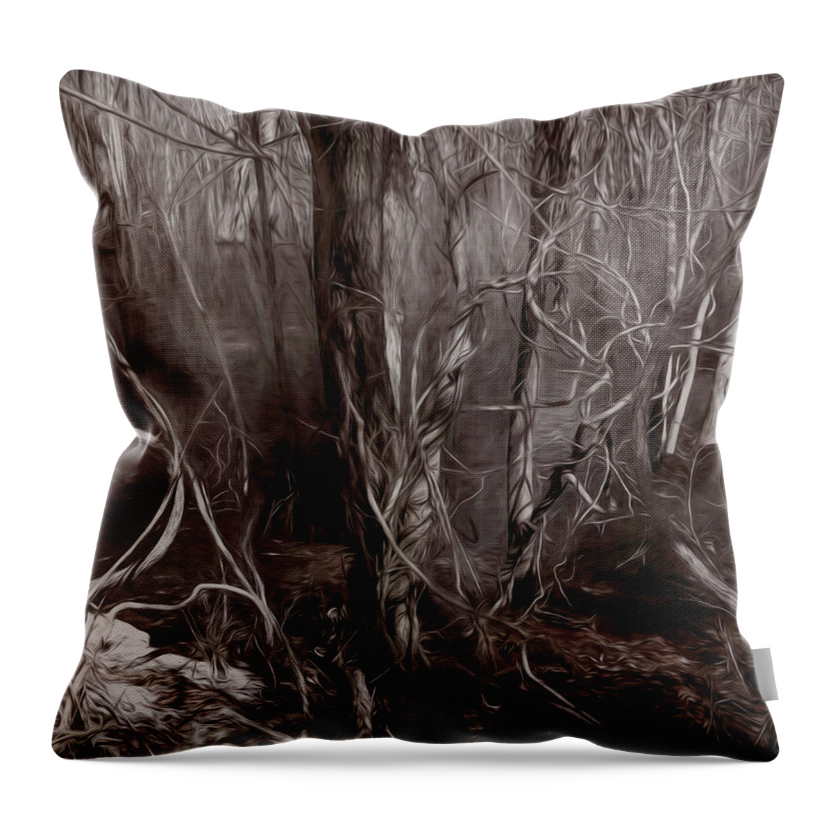 Trees Throw Pillow featuring the photograph Floodplain Forest Vines in Sepia by Wayne King