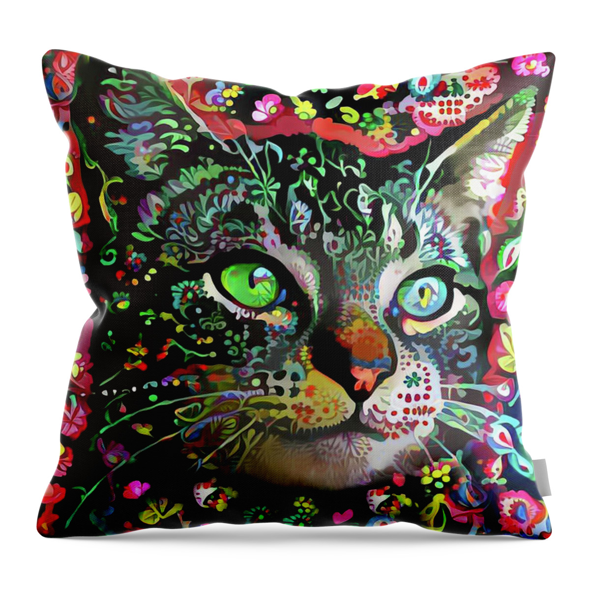 Psychedelic Cat Throw Pillow featuring the digital art Flora the Tabby Cat by Peggy Collins