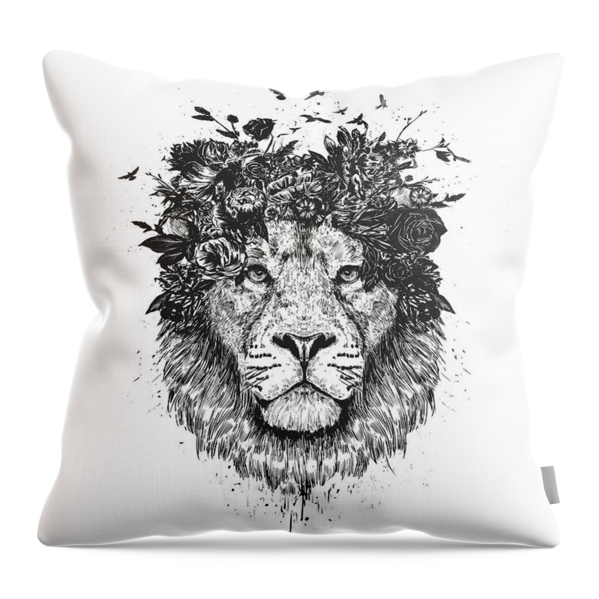 Lion Throw Pillow featuring the drawing Floral lion by Balazs Solti