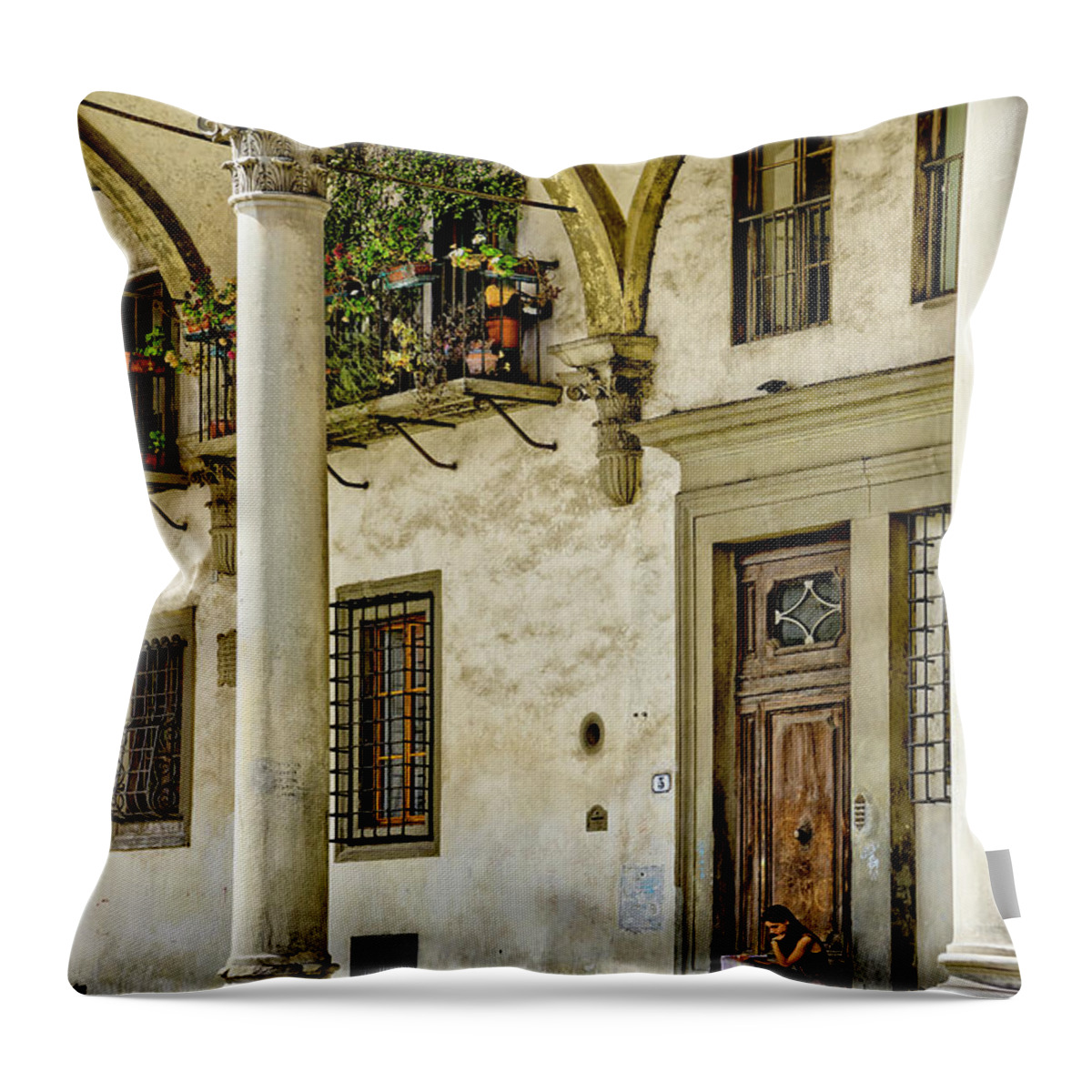 Florence Throw Pillow featuring the photograph Florence - reader in la Annunziata by Weston Westmoreland