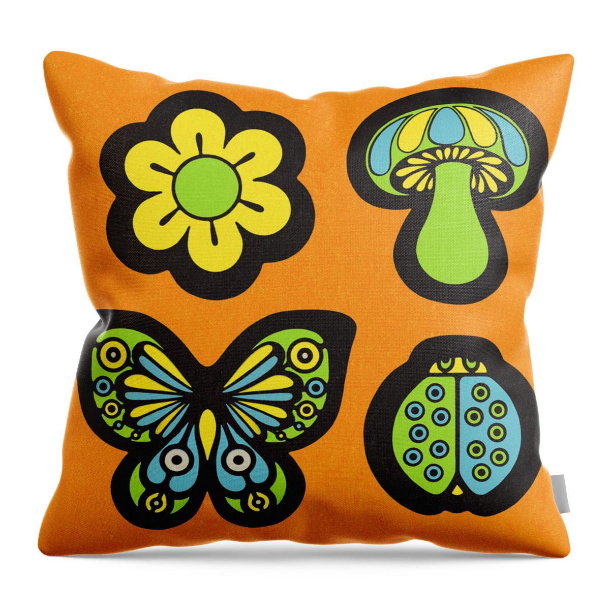 Animal Throw Pillow featuring the drawing Flower, Mushroom, Butterfly, and Ladybug by CSA Images