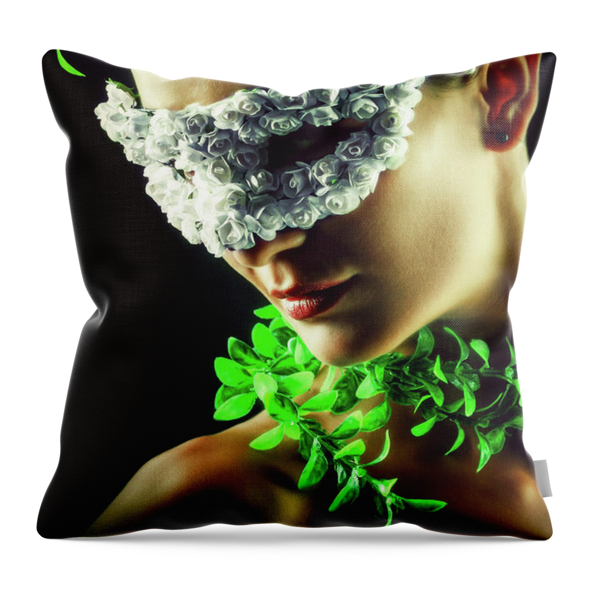 Art Throw Pillow featuring the photograph Flower Princess Woman wearing masquerade carnival mask by Dimitar Hristov