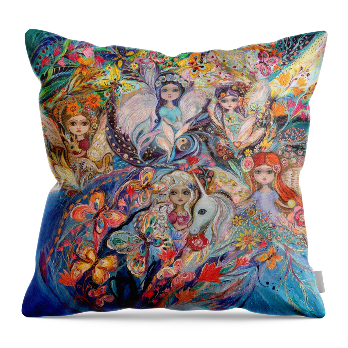Fantasy Throw Pillow featuring the painting Flowers among flowers by Elena Kotliarker