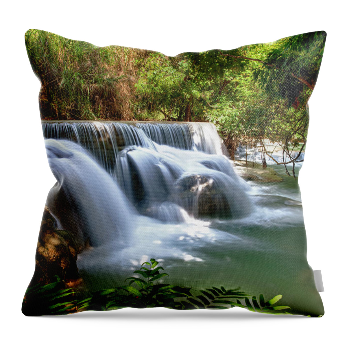 Tropical Rainforest Throw Pillow featuring the photograph Flowing Water Under Trees - Laos by Fototrav