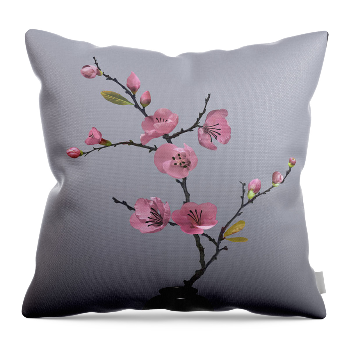 Asian Throw Pillow featuring the digital art Flowering Pink Quince in Vase by M Spadecaller