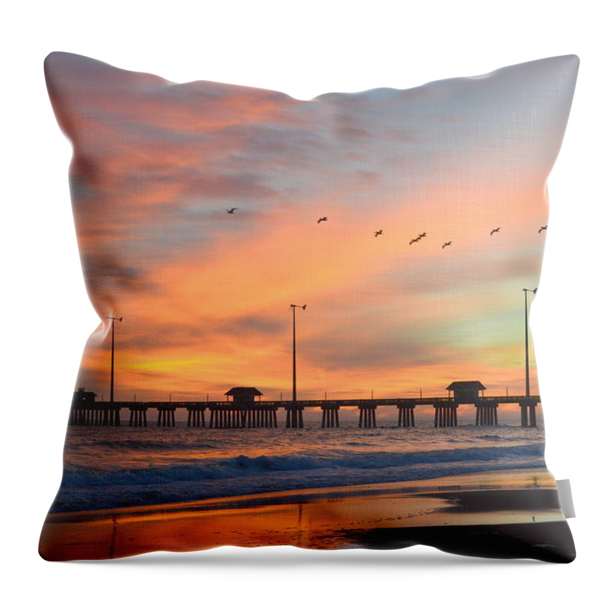 Jennettes Pier Throw Pillow featuring the photograph Fly over Jennettes by Barbara Ann Bell