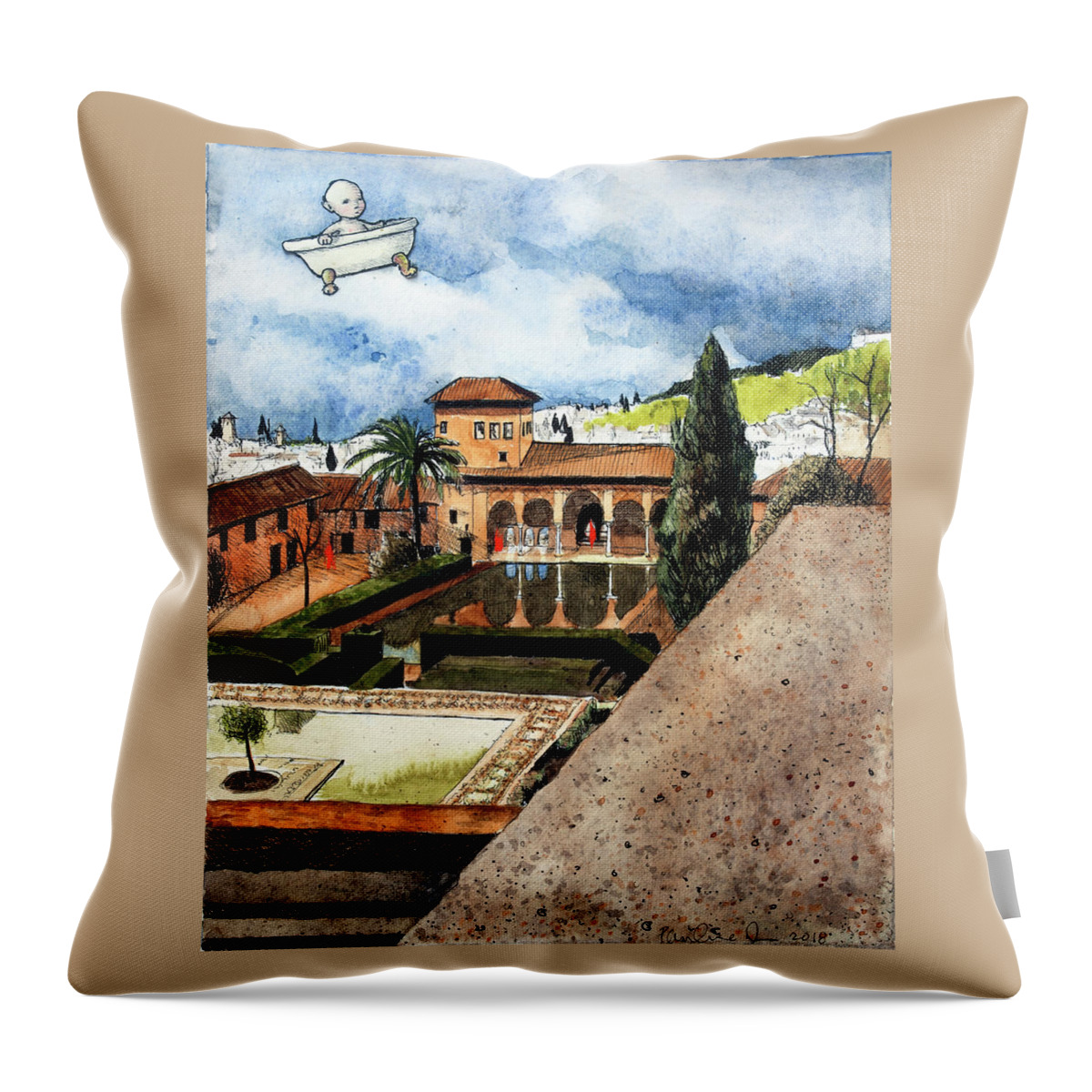 Baby Throw Pillow featuring the painting Flying My Bathtub Over the Alhambra by Pauline Lim